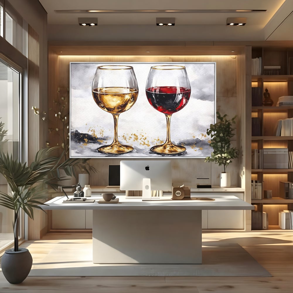 Tablou canvas cu tablou canvas cu doua pahare de vin, in rama de aluminiu argintiu, pe perete intr-un birou